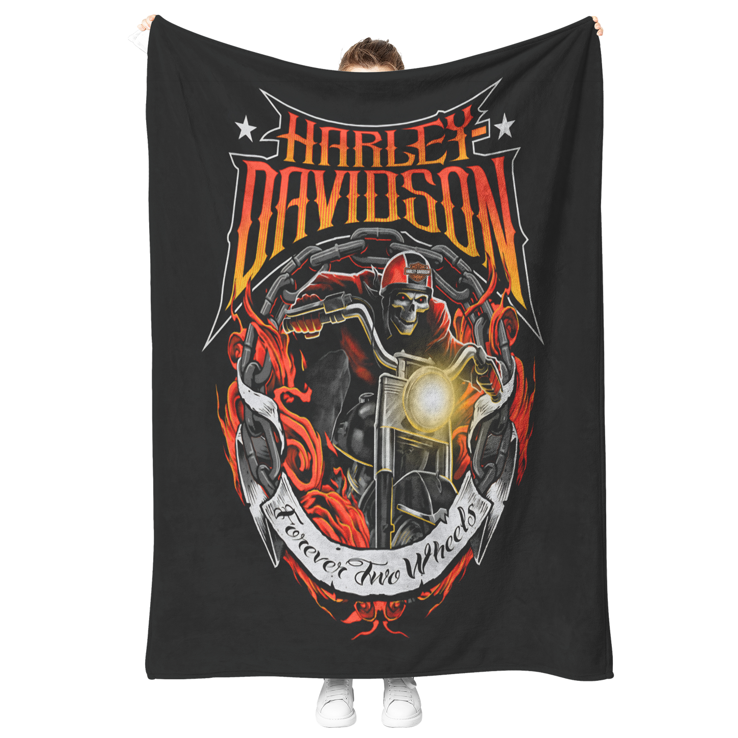 Forever_Two_Wheels_Harley_Davidson_Blank_V_Blanket_Model_Mockup.png