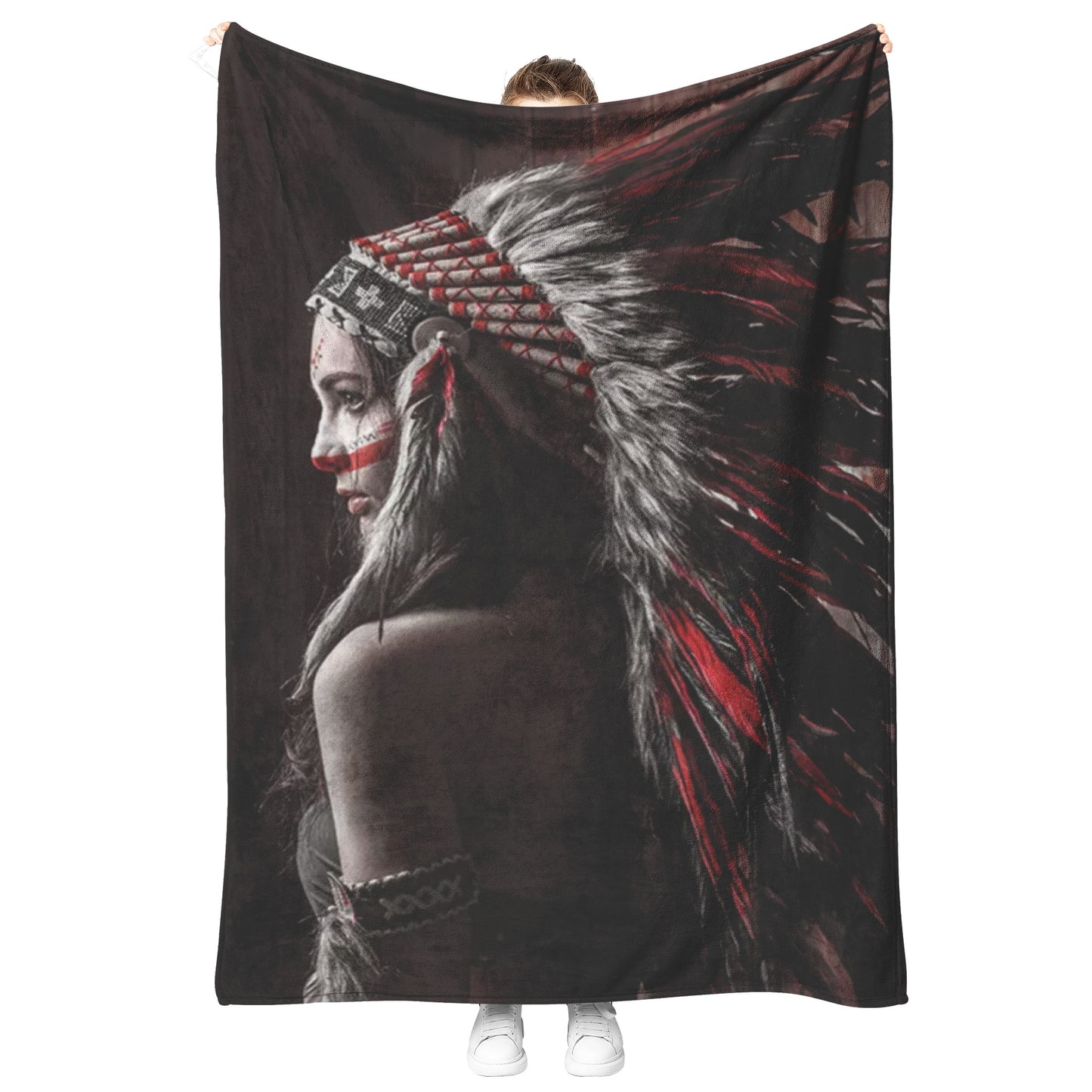 Native American Indian Woman Feather Print Velveteen Plush Fleece Blanket Decor 60 x 80 30 x 40