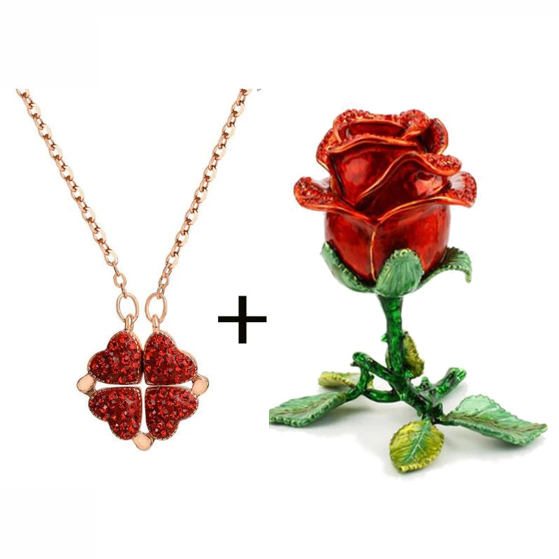 Enamel Stereoscopic Necklace Rings Earrings Rose Flower Jewelry Gift Box