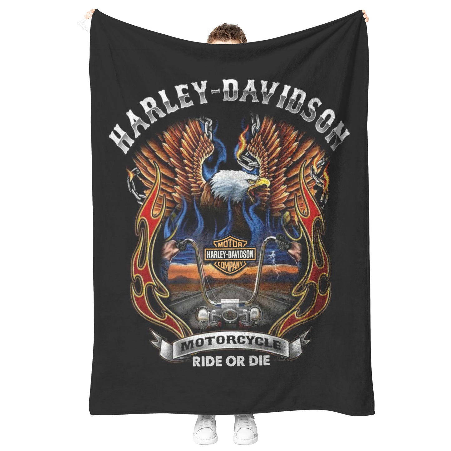 Harley Davidson Fiery Eagle Blank Gift for Bikers Velveteen Plush Fleece Blanket