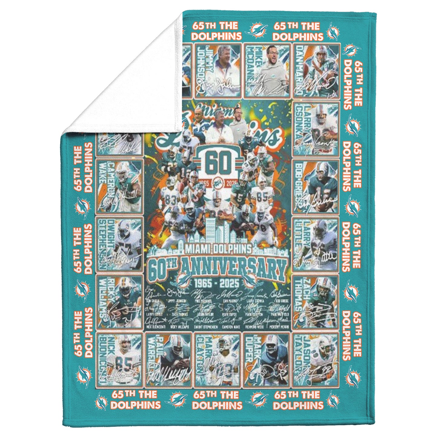 Miami Dolphins 60th Anniversary 1965-2024 Soft Mink Touch Plush Fleece Blanket