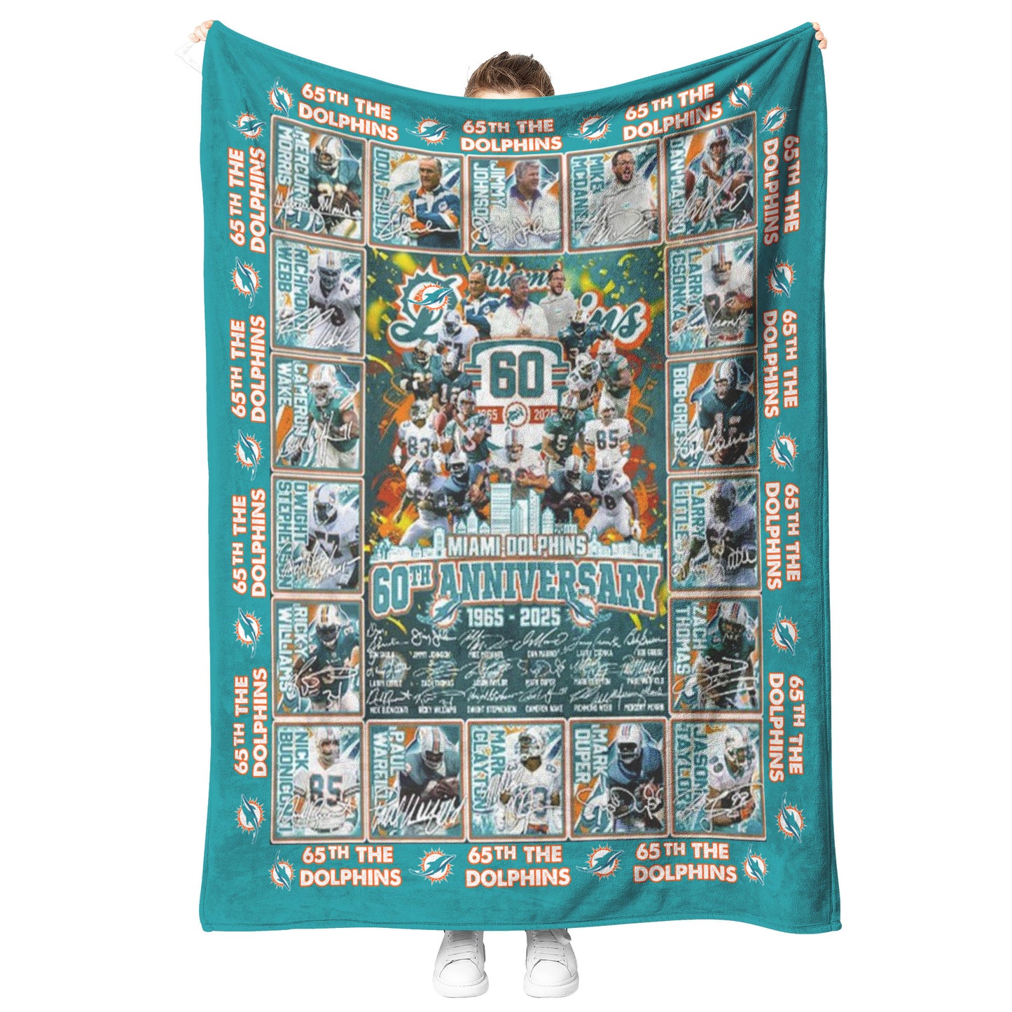 Miami Dolphins 60th Anniversary 1965-2024 Soft Mink Touch Plush Fleece Blanket
