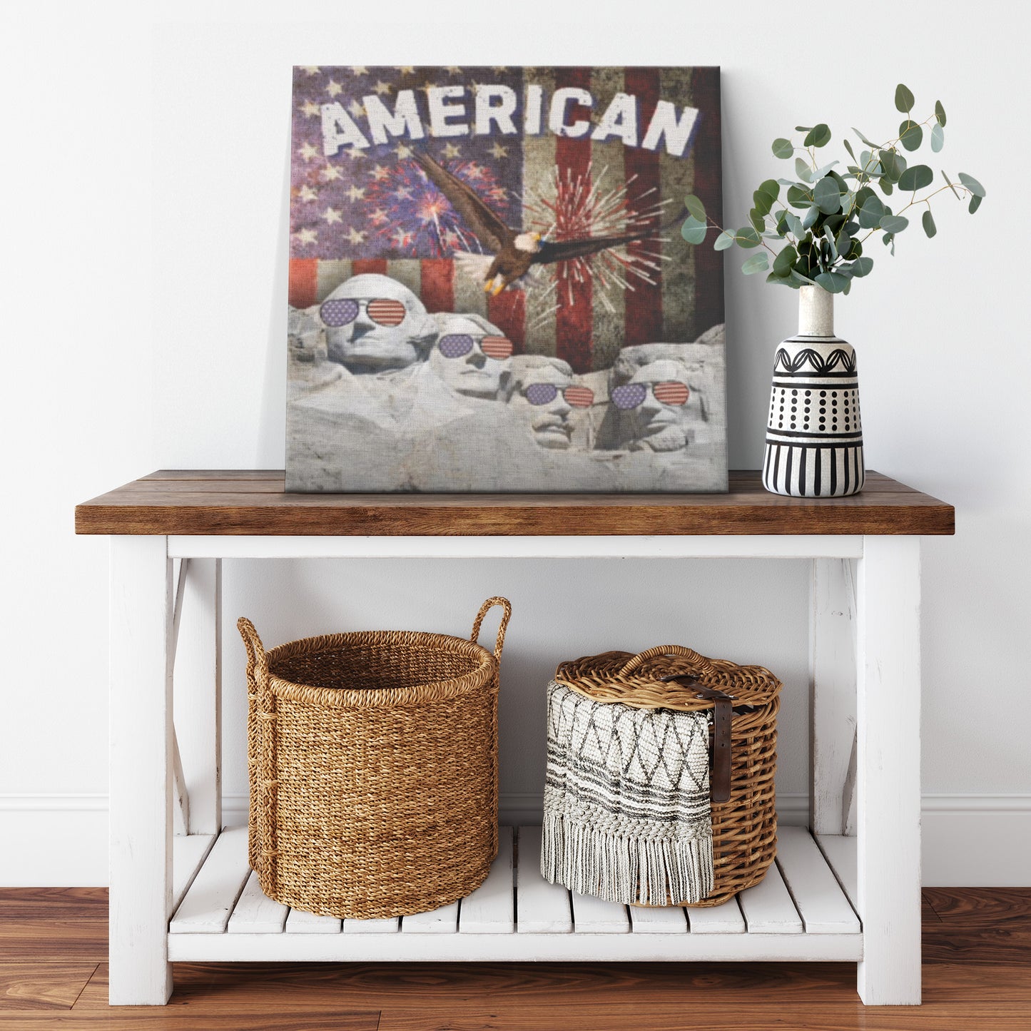 Mount Rushmore American Flag Canvas Wall Art Retro USA Flag