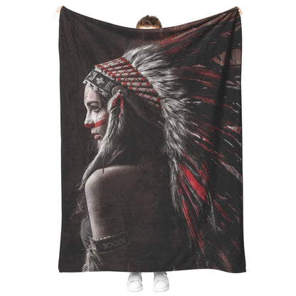 Native American Indian Woman Feather Print Velveteen Plush Fleece Blanket Decor 60 x 80 30 x 40