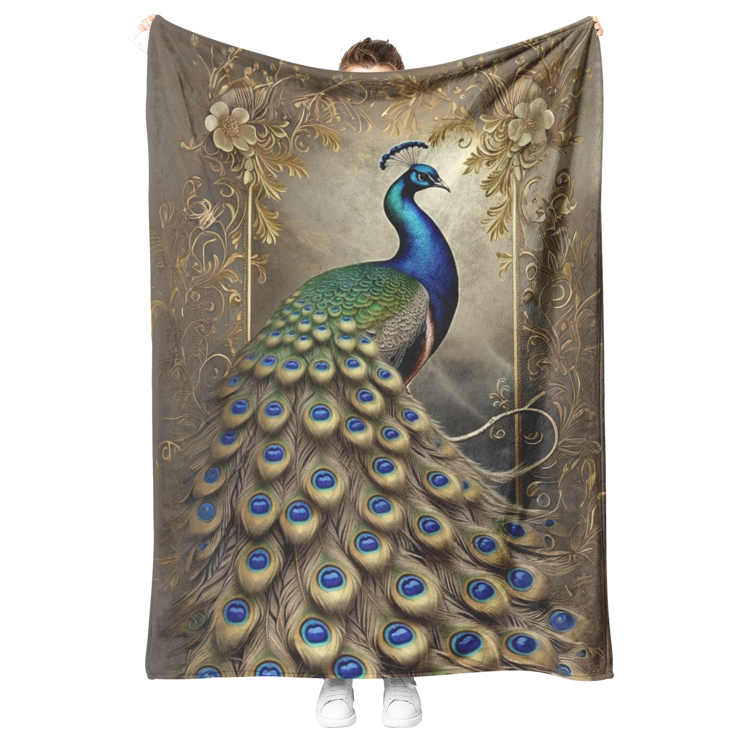 Peacock_Print_Microplush_Super_Soft_Flee_V_Blanket_Model_Mockup.png