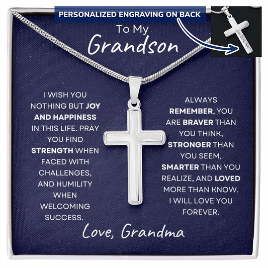 TO MY GRANDSON | STAINLESS STEEL CROSS NECKLACE | I WILL LOVE YOU FOREVER